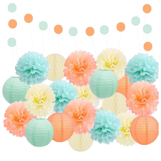 Decorative set of pastel-colored paper flowers and lanterns with a string of colorful polka dot balloons in the background.