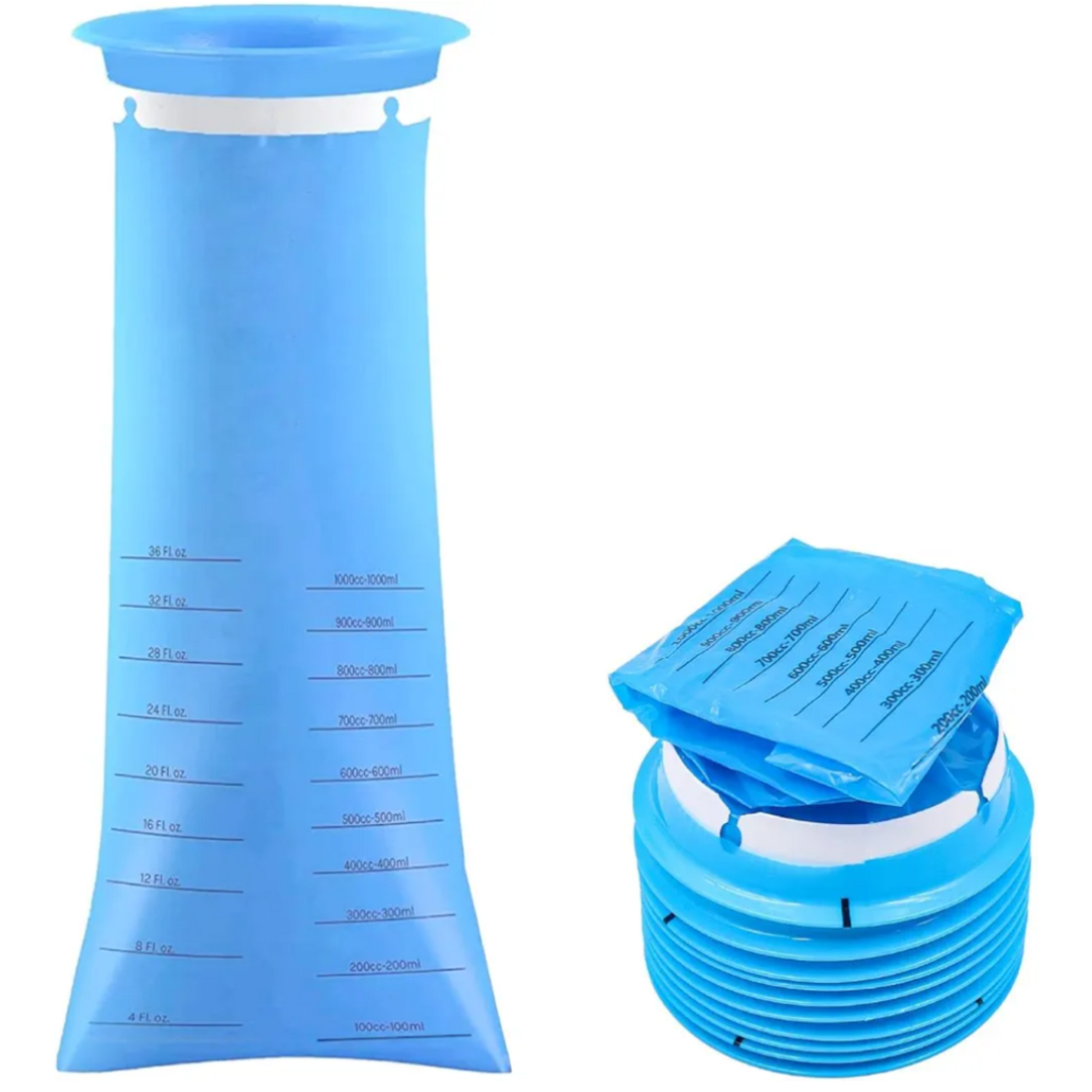 Blue plastic bag with measurement markings on a white background