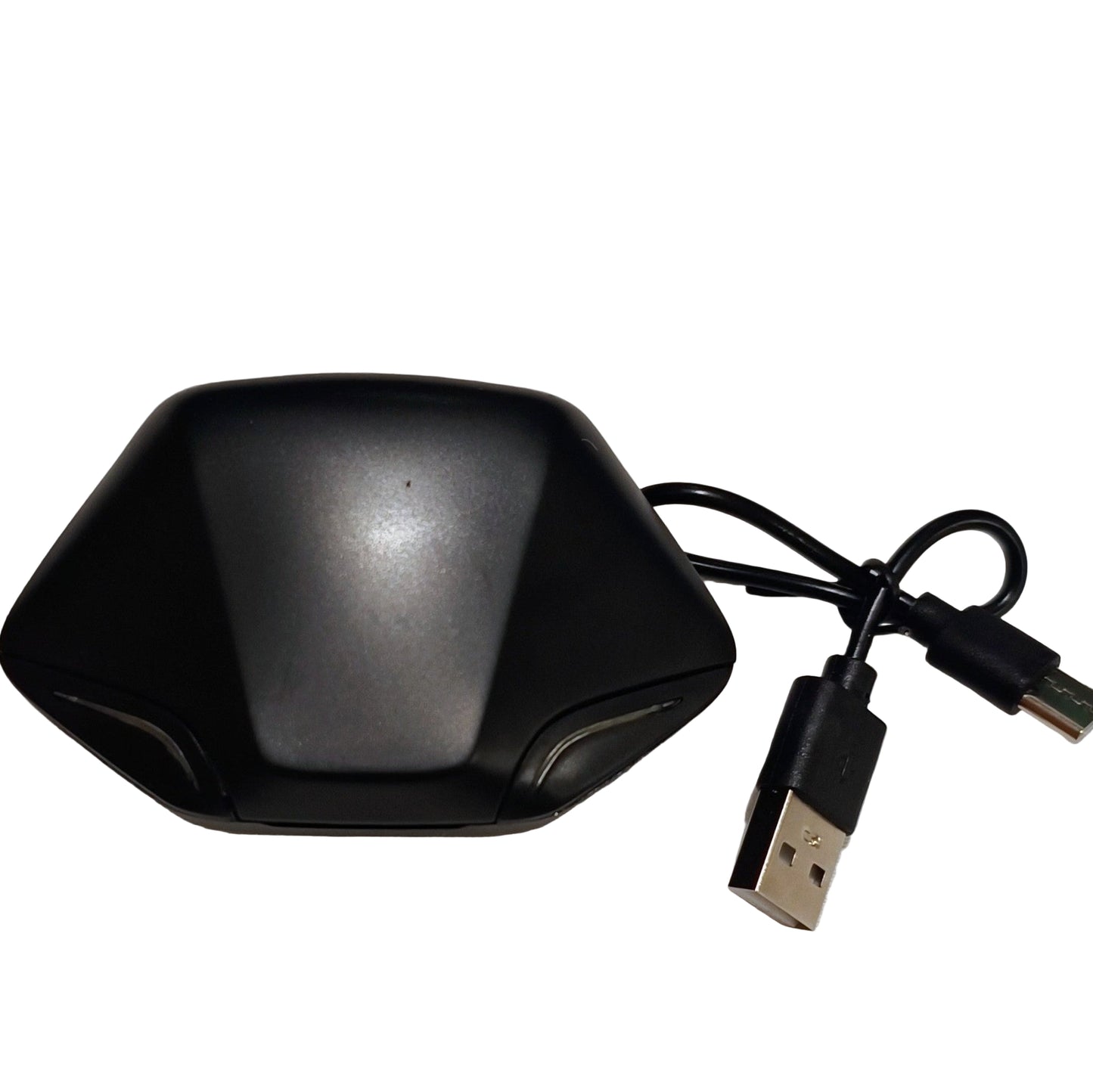 Black wireless mouse with USB receiver on a white background
