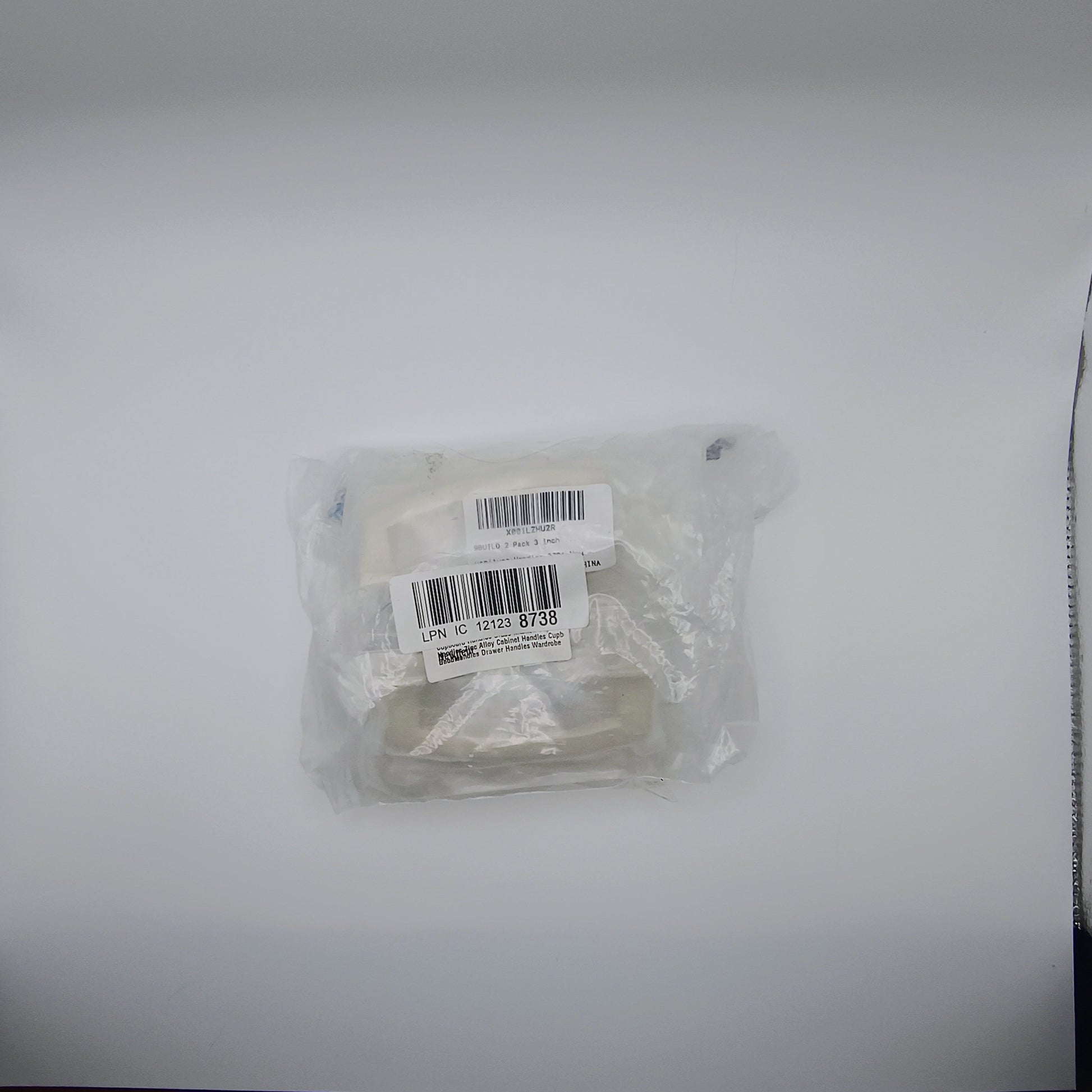 Packaged item with a barcode label on a white background