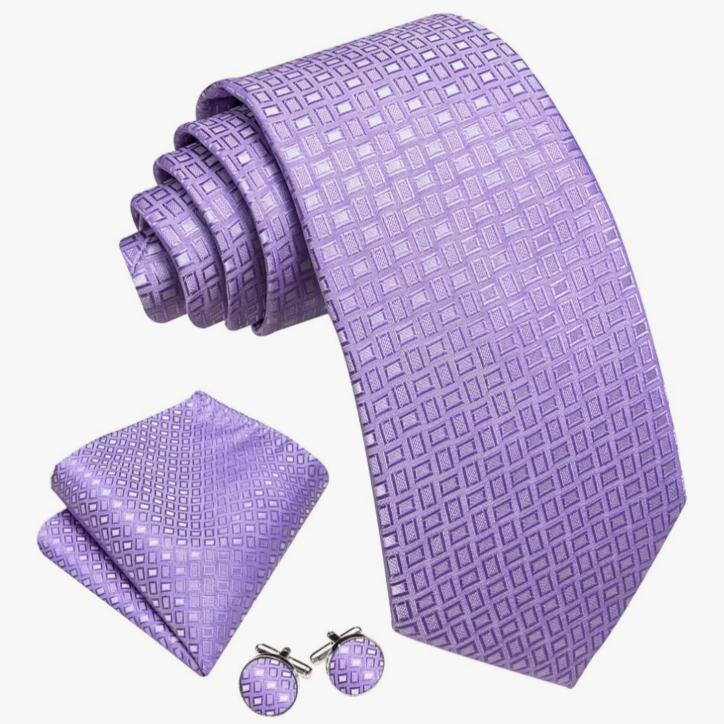 Purple tie, pocket square, and cufflinks set on a white background