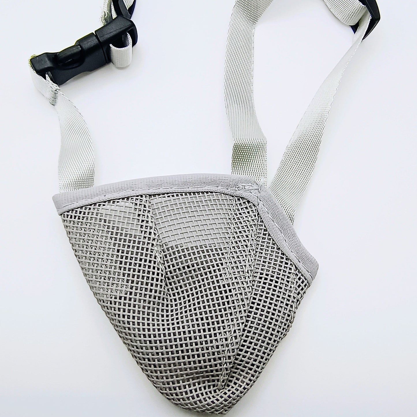 Gray mesh pouch with a white strap on a white background