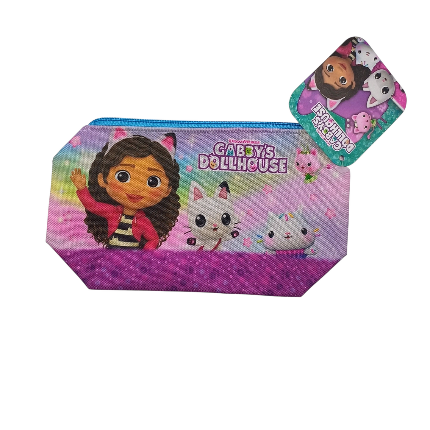 Pencil case with 'Gabby's Dollhouse' design featuring a character and cartoon animals on a white background.