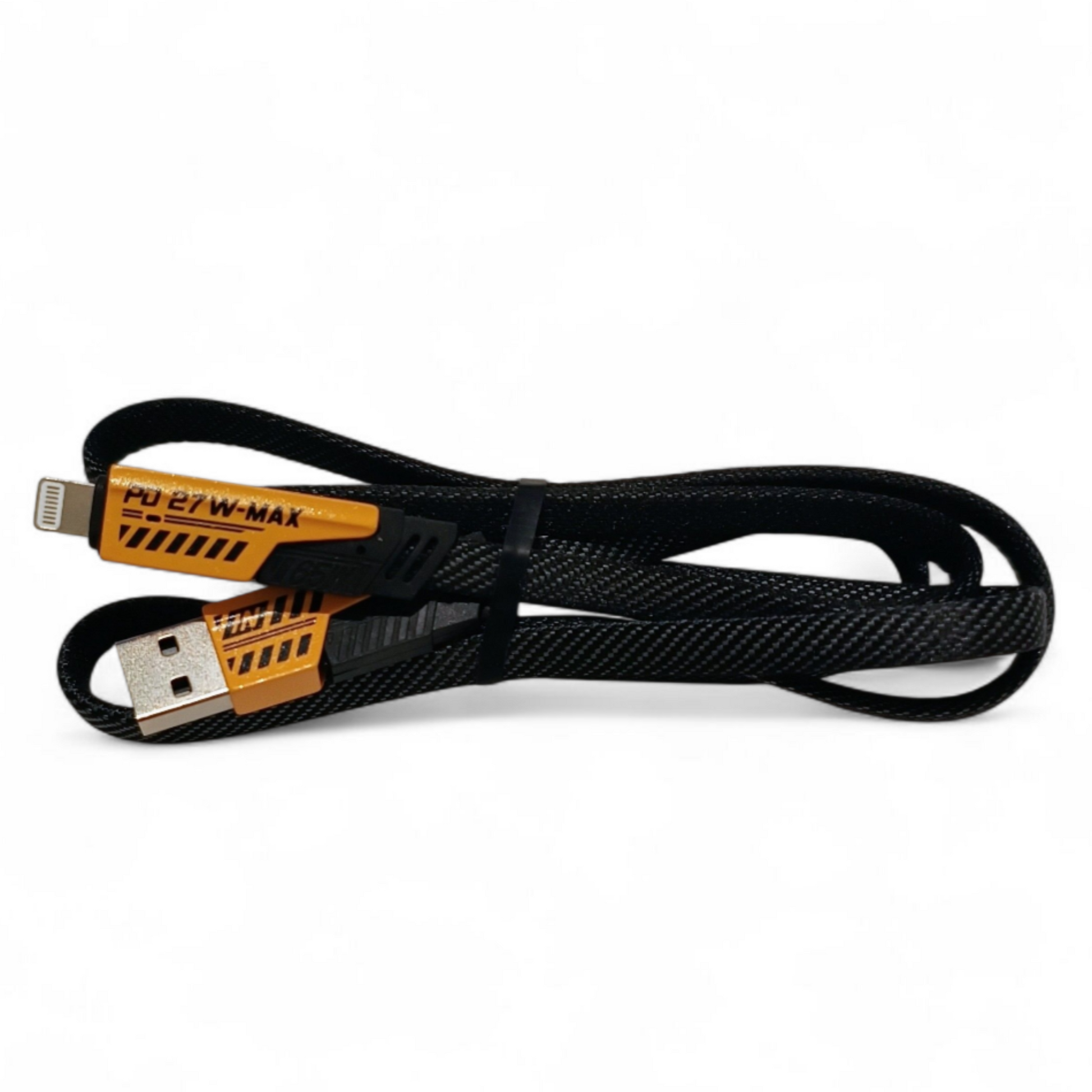 Black and gold USB cable on a white background