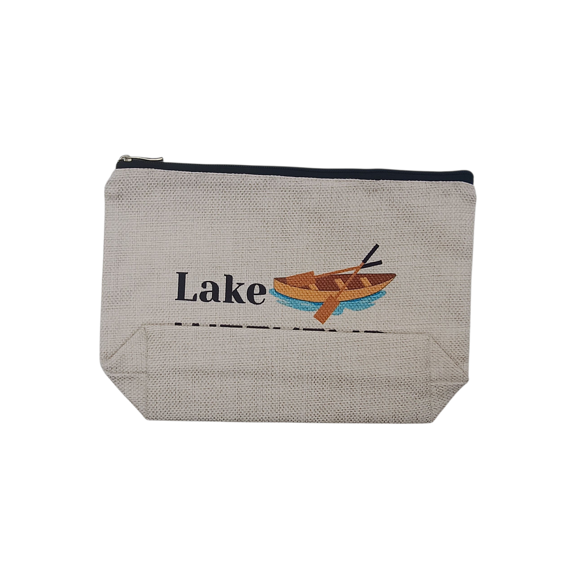 Gray pouch with 'Lake' text and canoe design on a white background