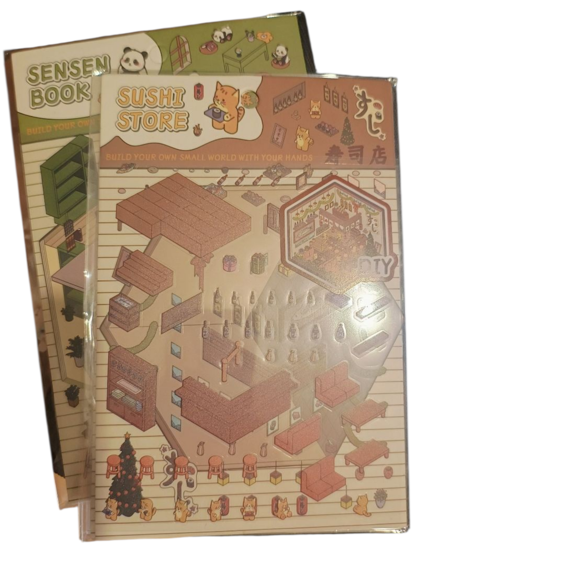 Two books with map-like covers on a white background