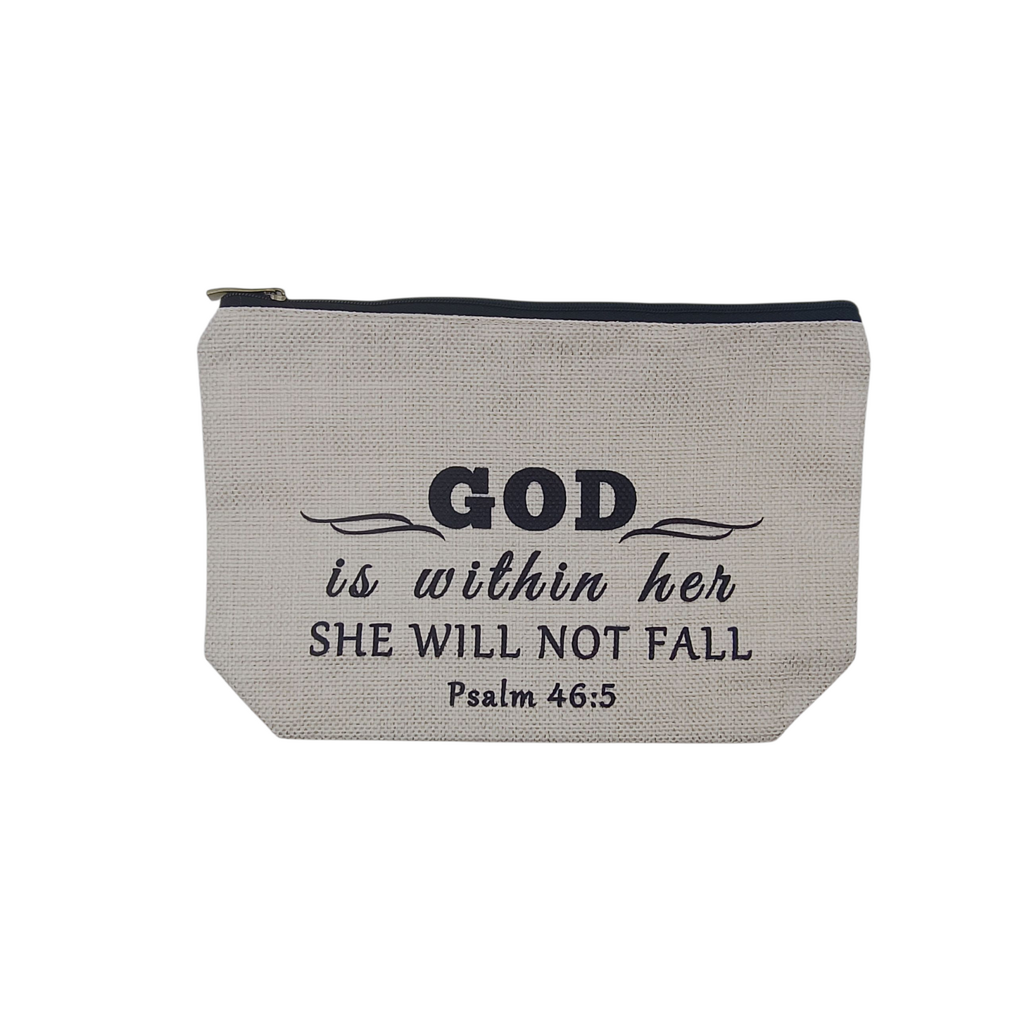 Gray pouch with motivational quote on a white background
