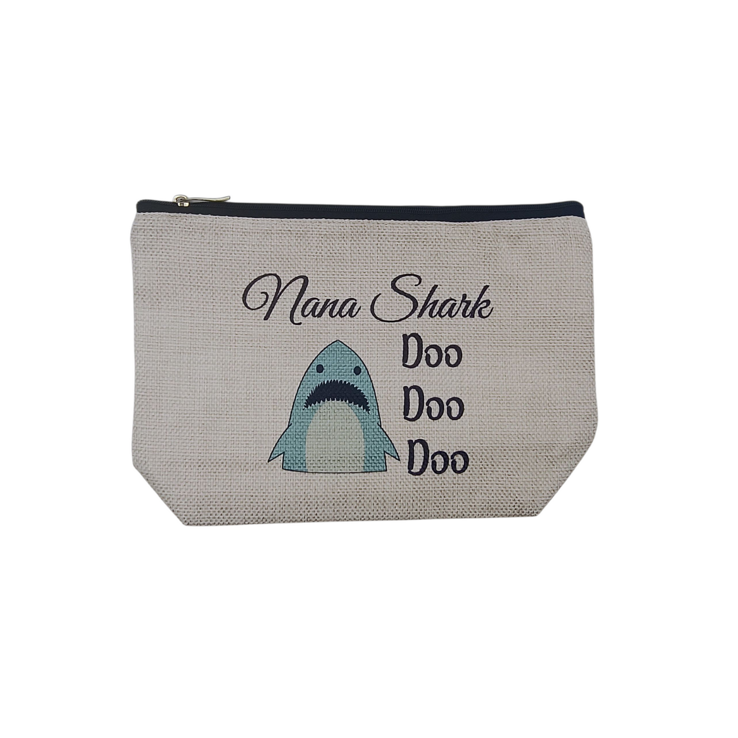 Pouch with 'Nana Shark Doo Doo Doo' text and shark illustration on a white background