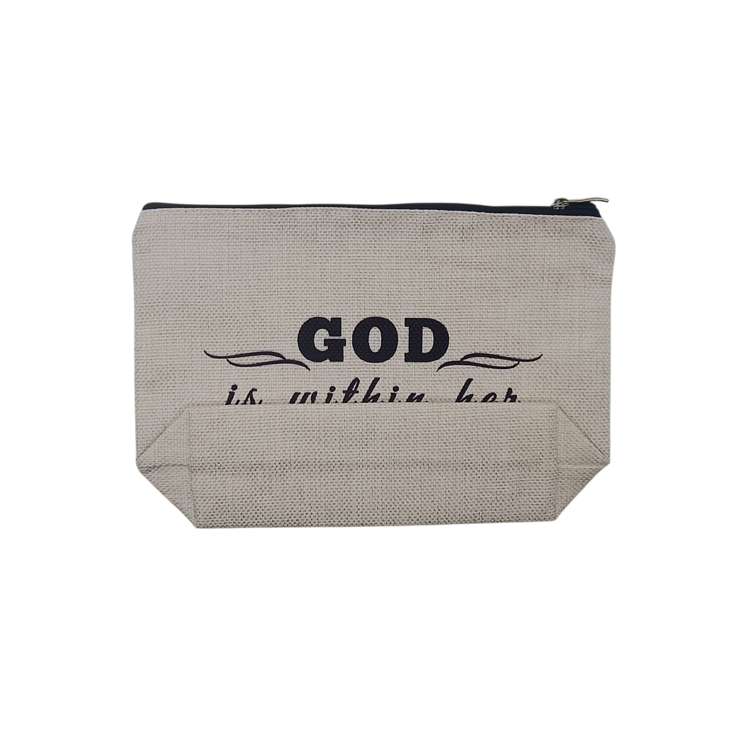 Textile pouch with 'GOD is within her' text on a white background