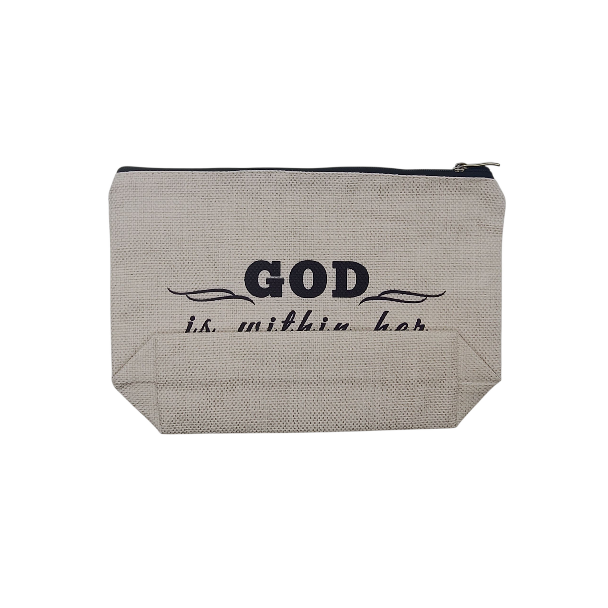 Textile pouch with 'GOD is within her' text on a white background