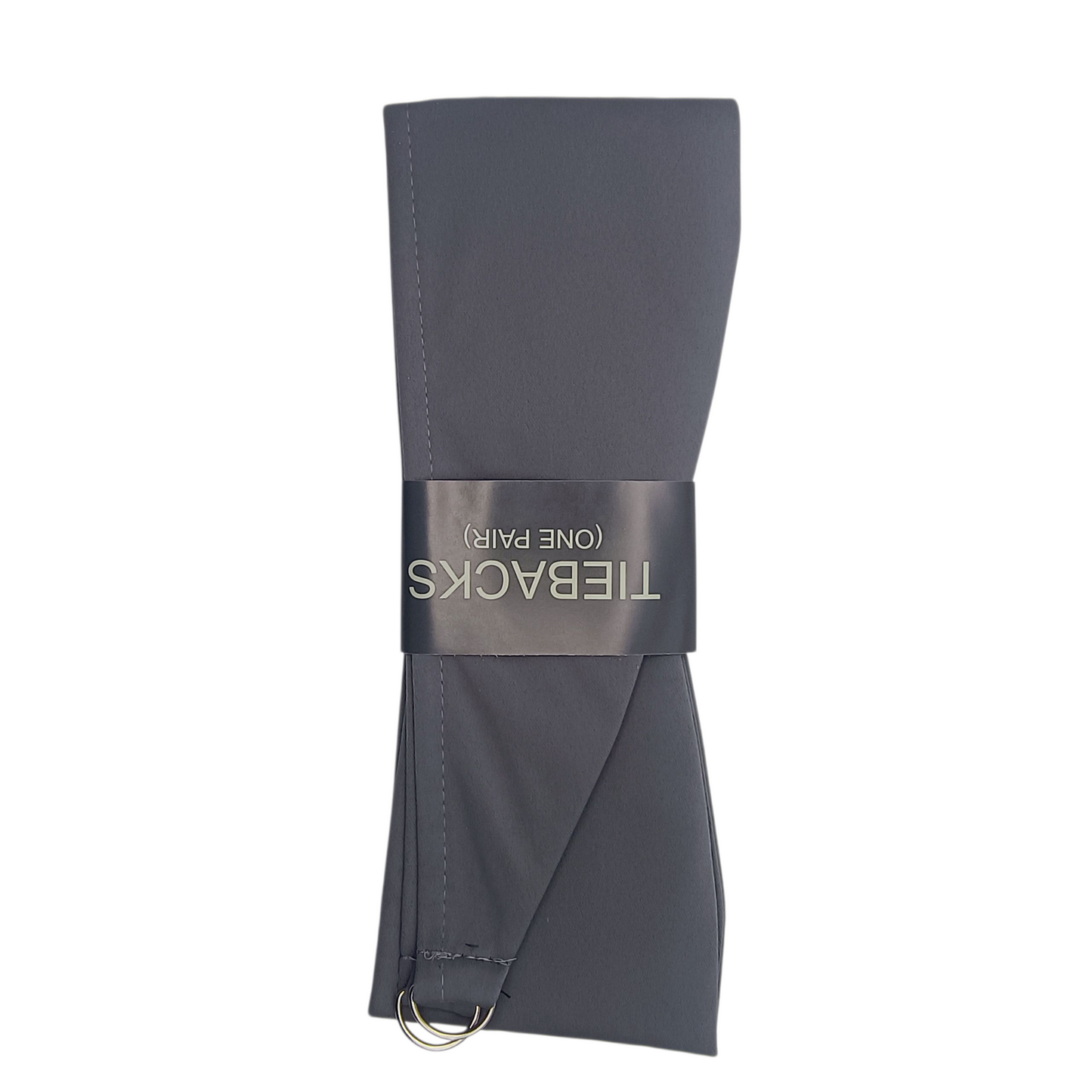 Gray tie pack with 'TIEBACKS' branding on a white background