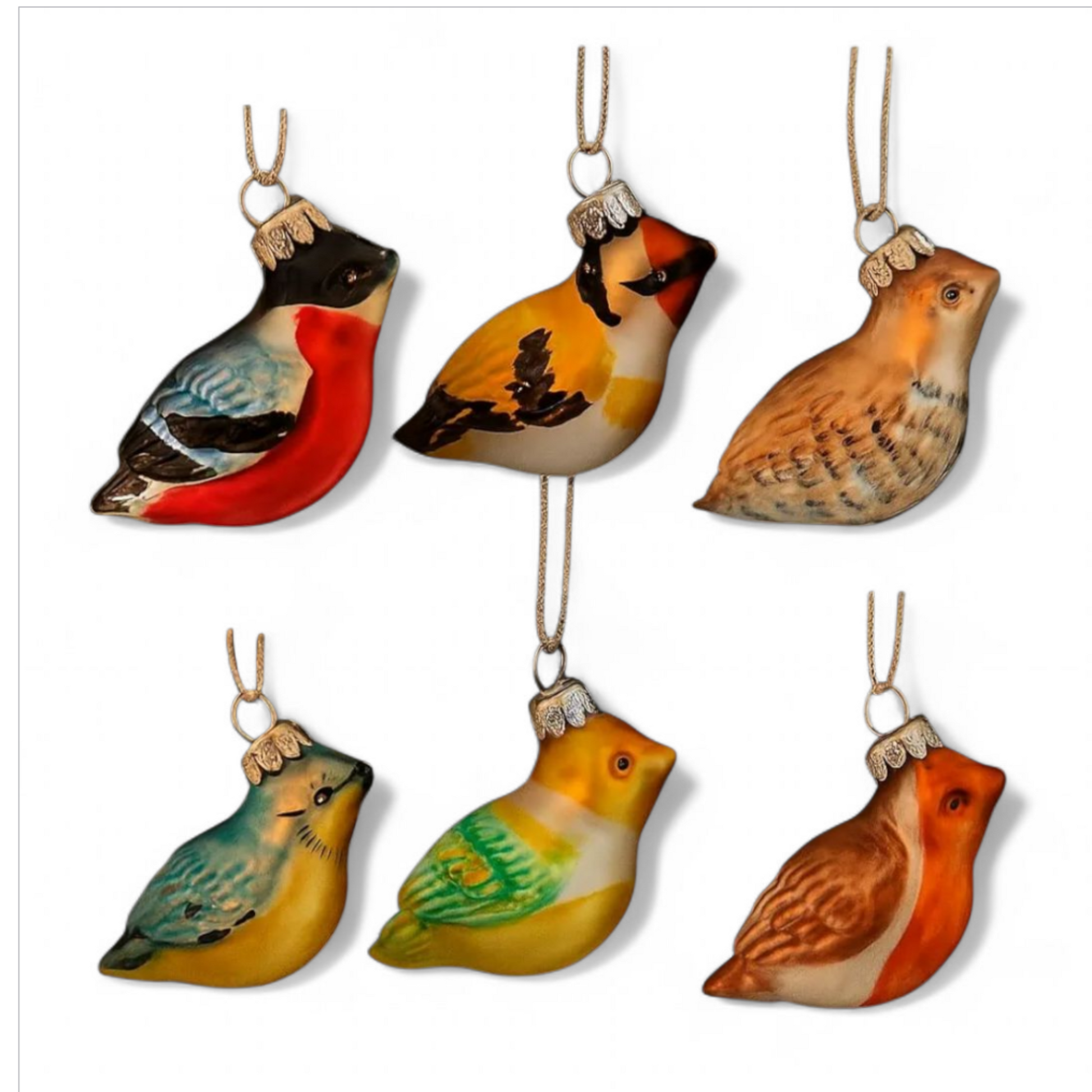 Set of six colorful bird-shaped ornaments on a white background