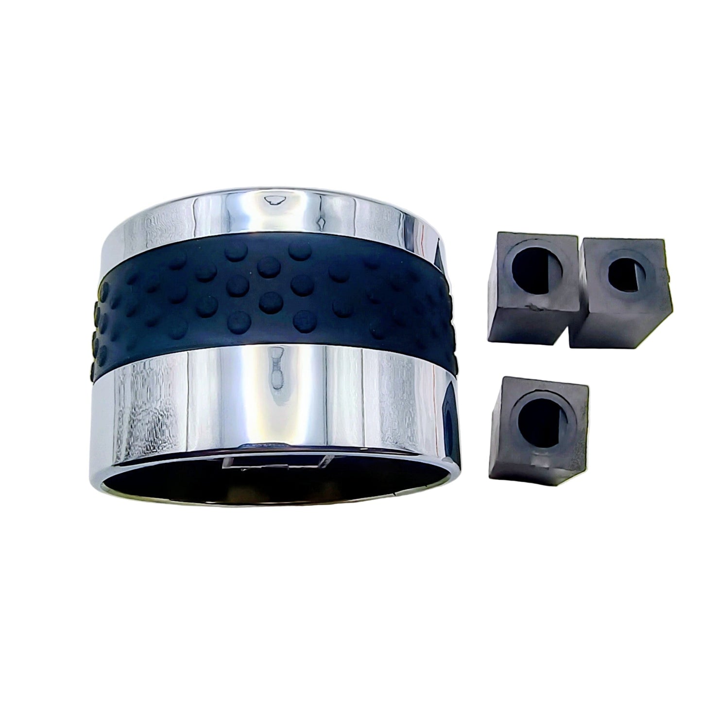 Metallic cylindrical object with blue rubber band and three square metal blocks on a white background