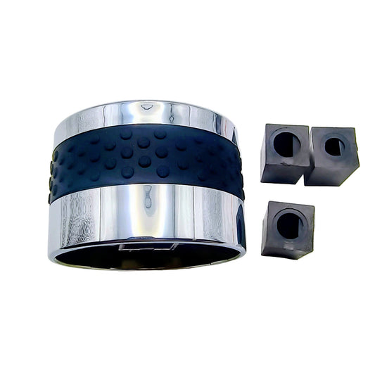 Metallic cylindrical object with blue rubber band and three square metal blocks on a white background