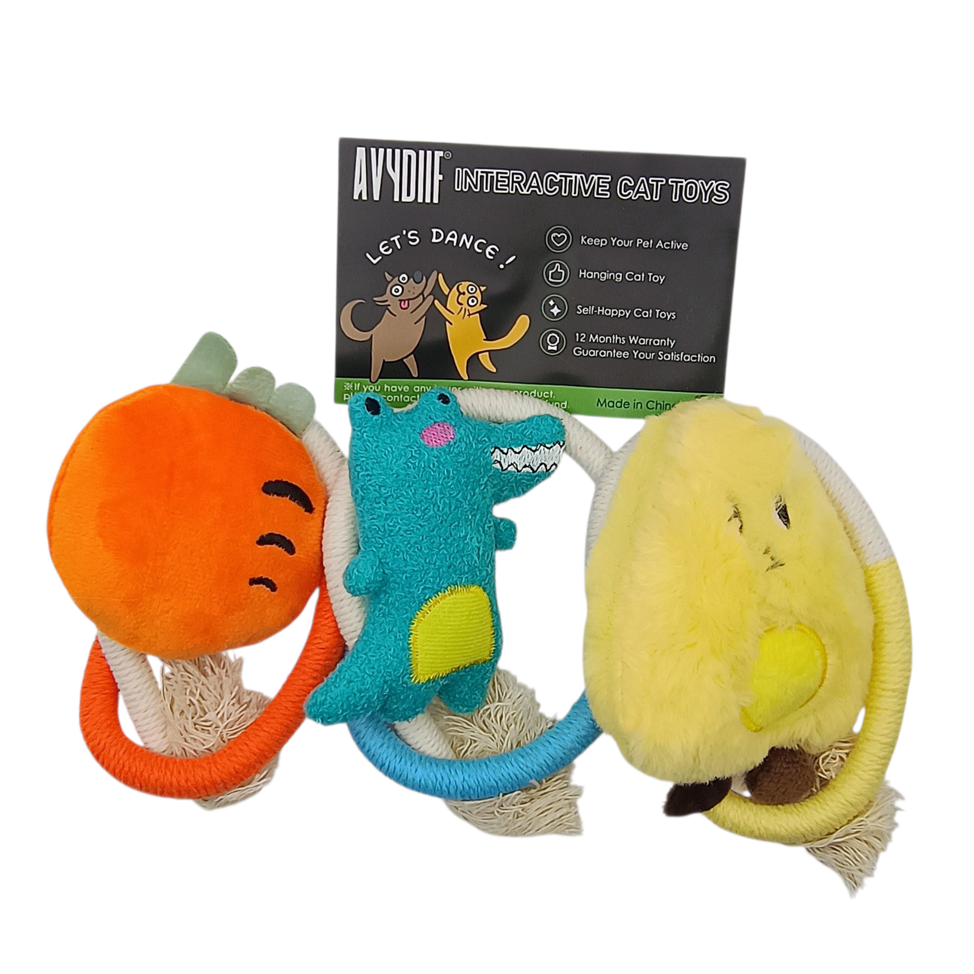 Three colorful cat toys with a brand card on a white background