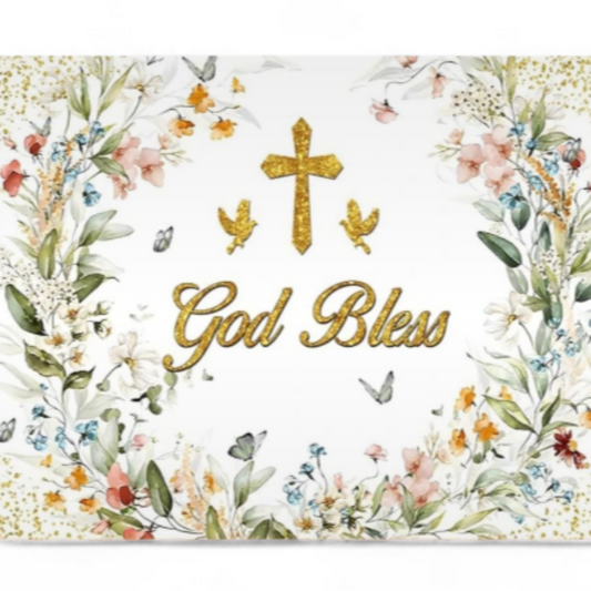 Card with floral design, cross, and 'God Bless' text on a white background