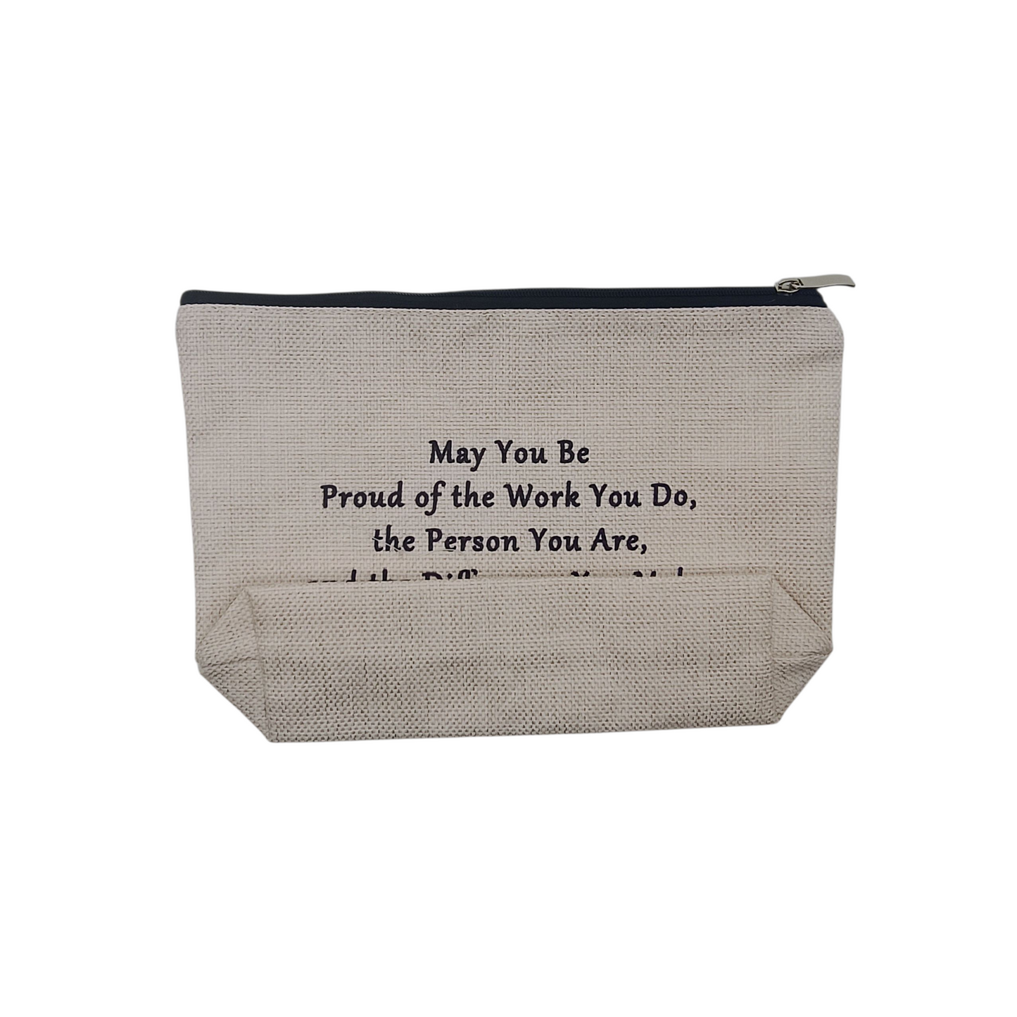 Beige pouch with motivational quote on a white background