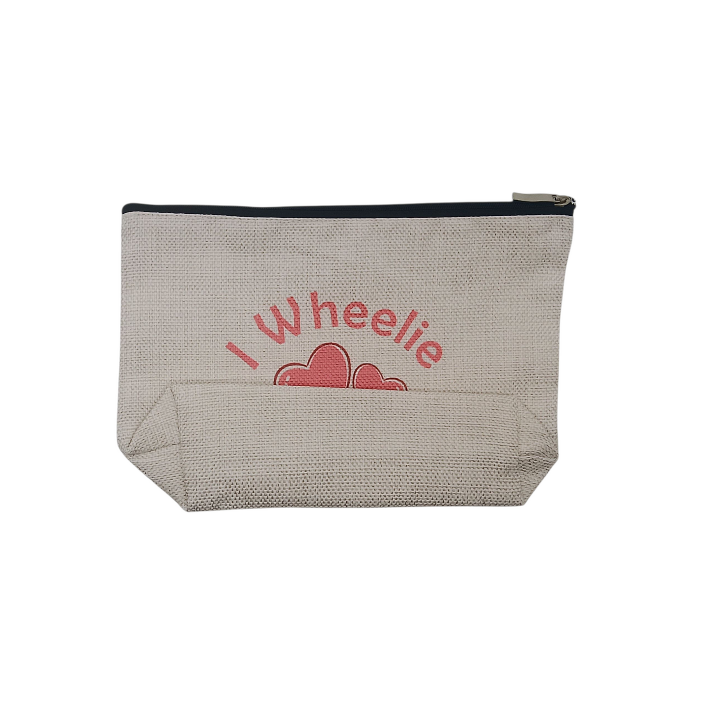 Textile pouch with 'Wheelie' and heart design on a white background