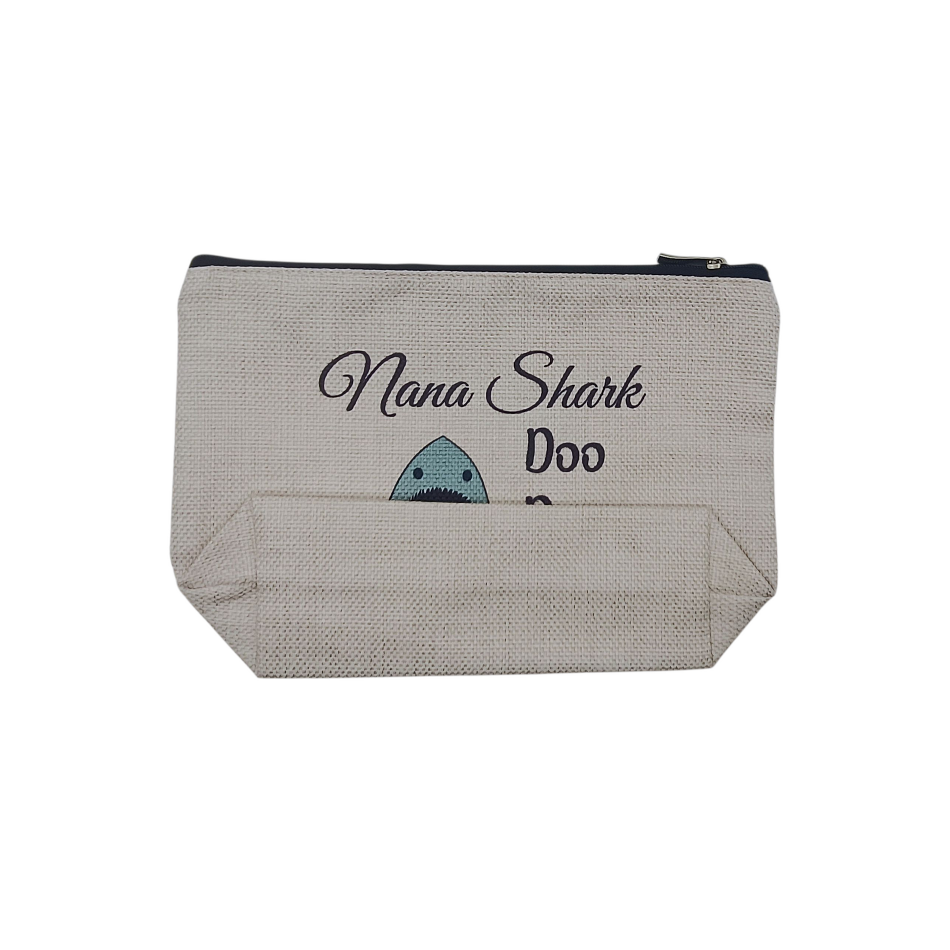 Gray pouch with 'Nana Shark Doo' text and shark illustration on a white background