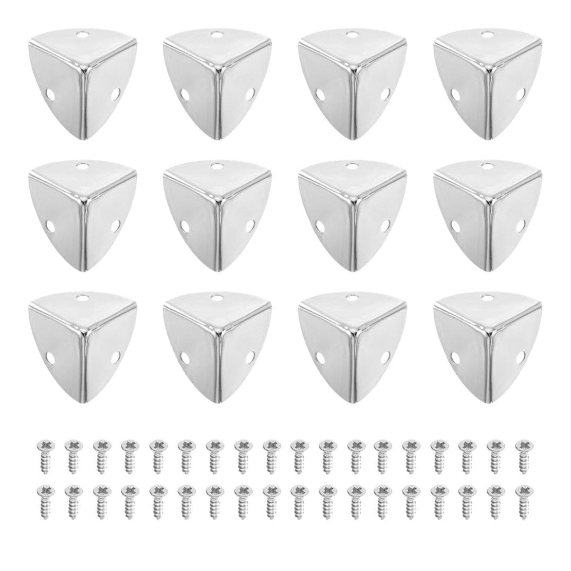 Set of silver triangular wall hooks with screws on a white background