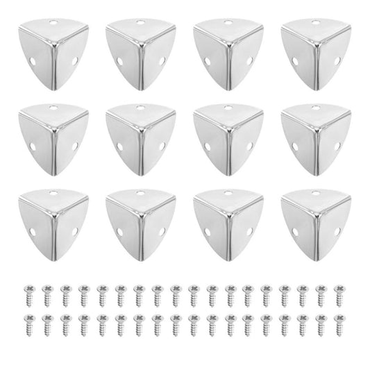 Set of silver triangular wall hooks with screws on a white background