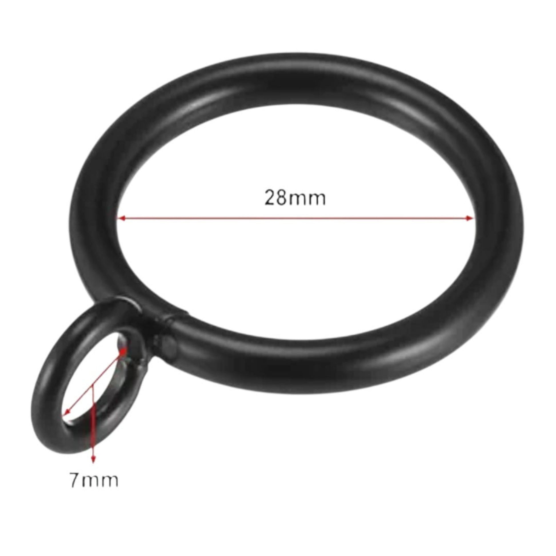 Black circular ring with measurements on a white background