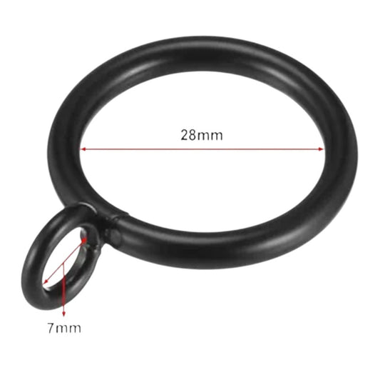 Black circular ring with measurements on a white background