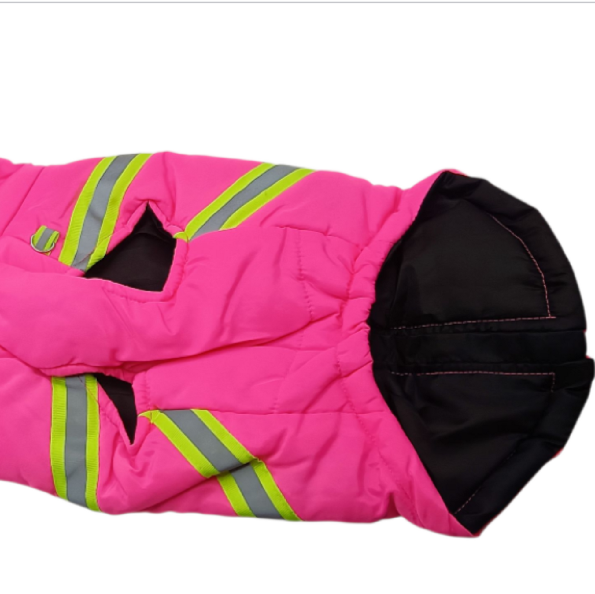 Pink dog coat with reflective stripes on a white background