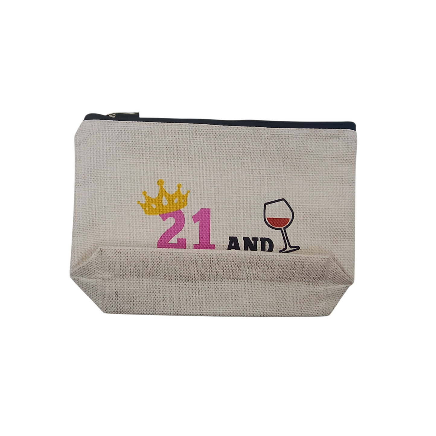 Beige pouch with '21 and' text and graphics on a white background