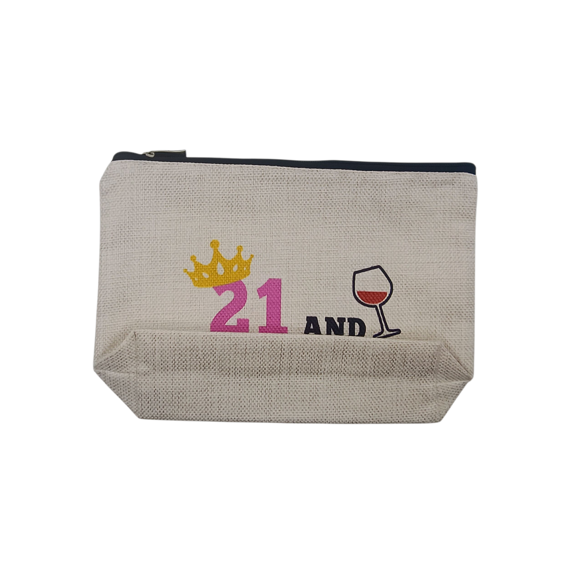 Beige pouch with '21 and' text and graphics on a white background
