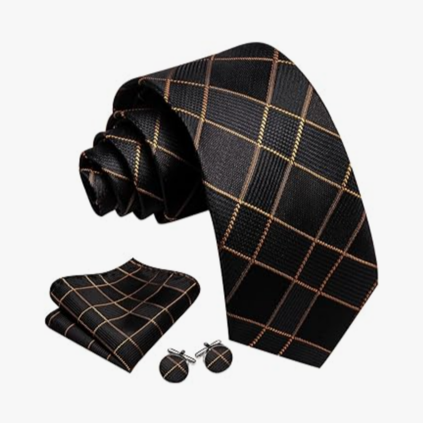 Black and gold plaid tie set with pocket square and cufflinks on a white background