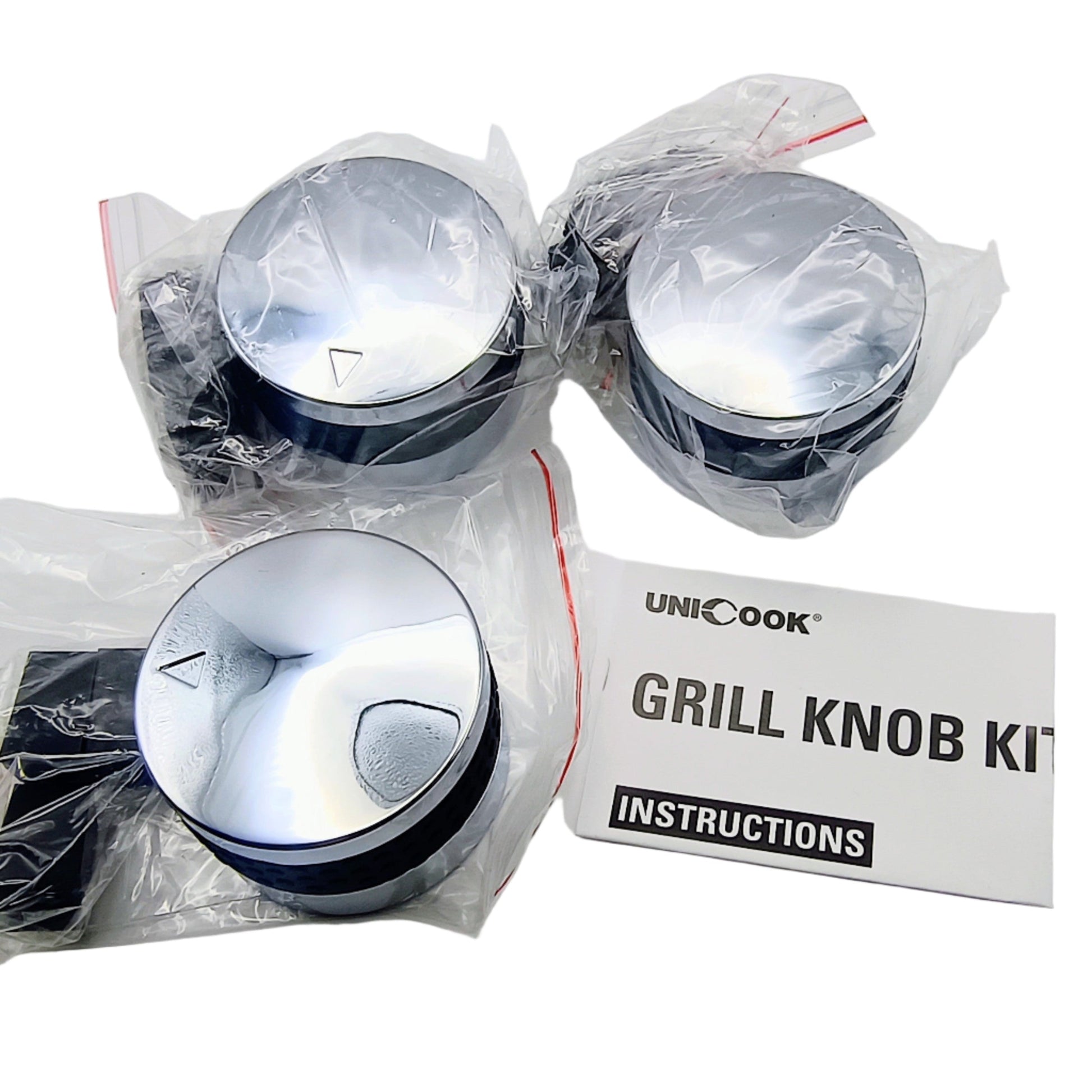 UNICOOK grill knob kit with three knobs and instructions on a white background