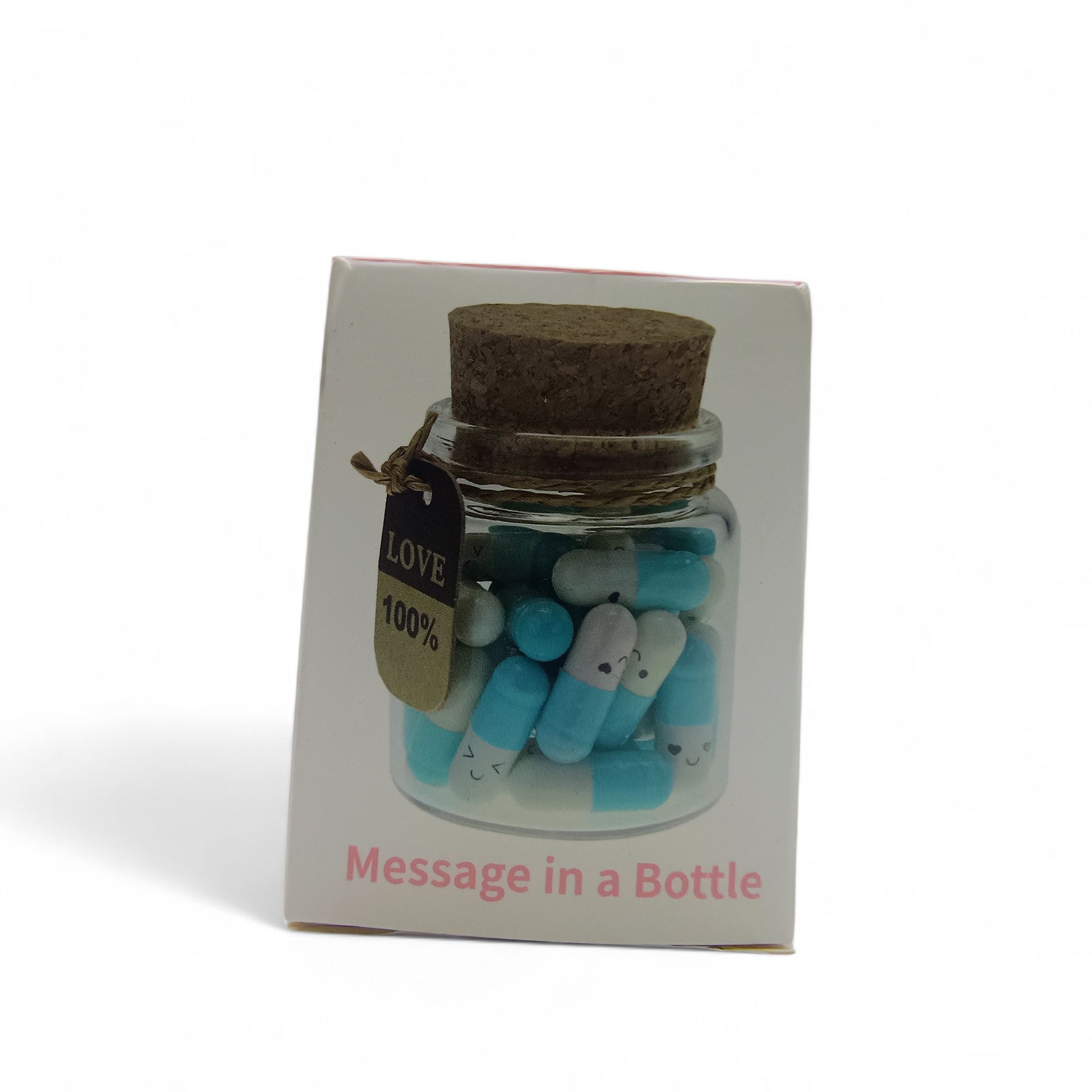 Small glass jar with cork lid containing blue and white charms, on a white background.