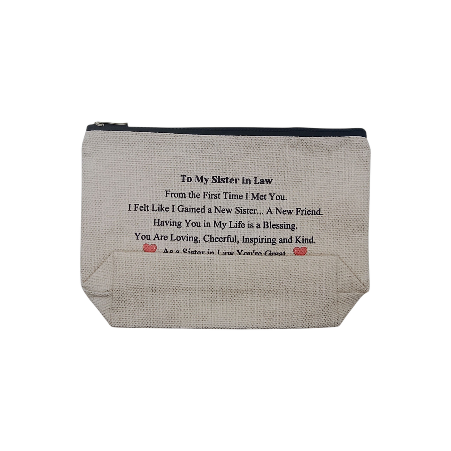 Textile pouch with a message to sister-in-law on a white background