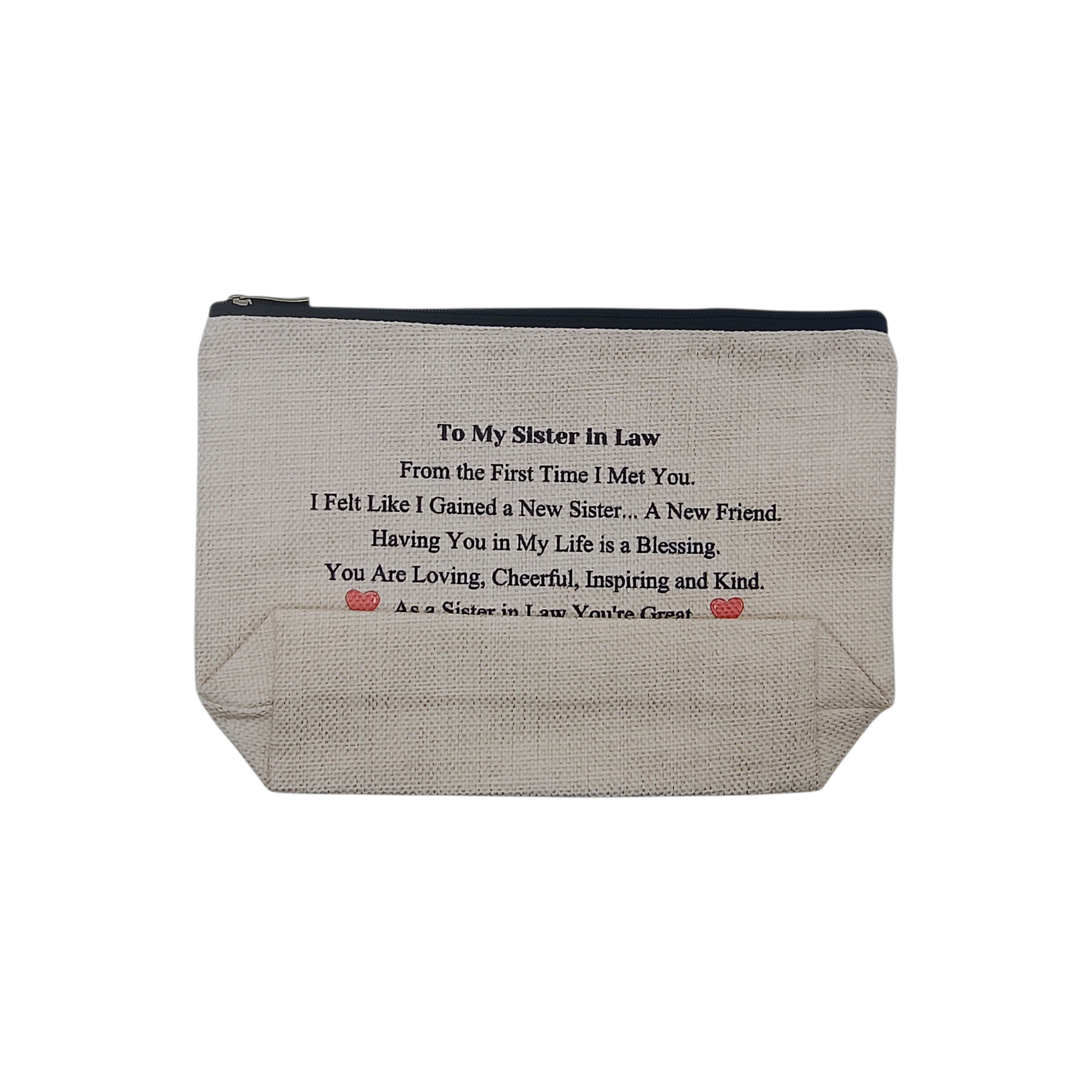 Textile pouch with a message to sister-in-law on a white background