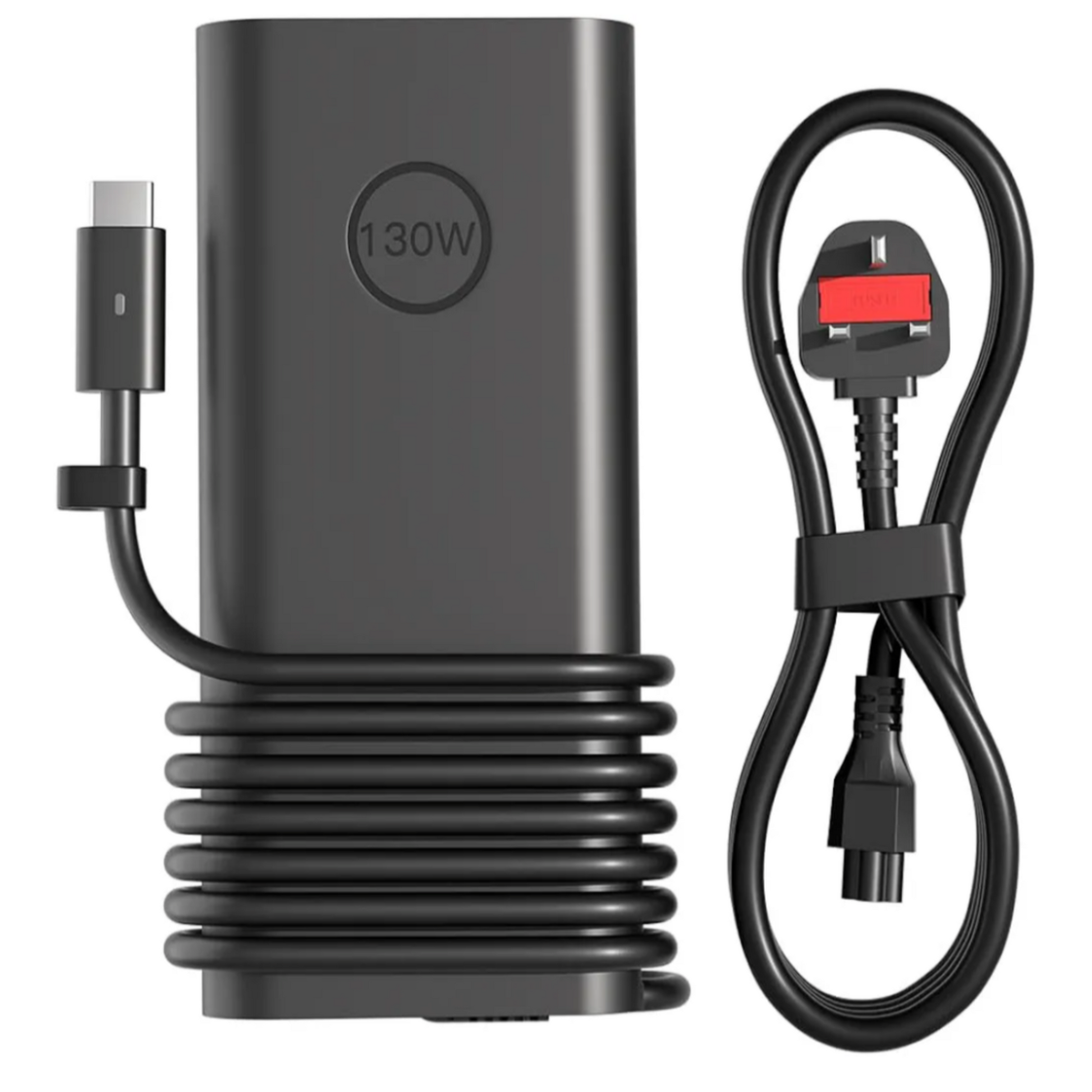 Black power adapter with USB-C cable on a white background