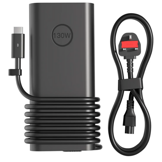 Black power adapter with USB-C cable on a white background