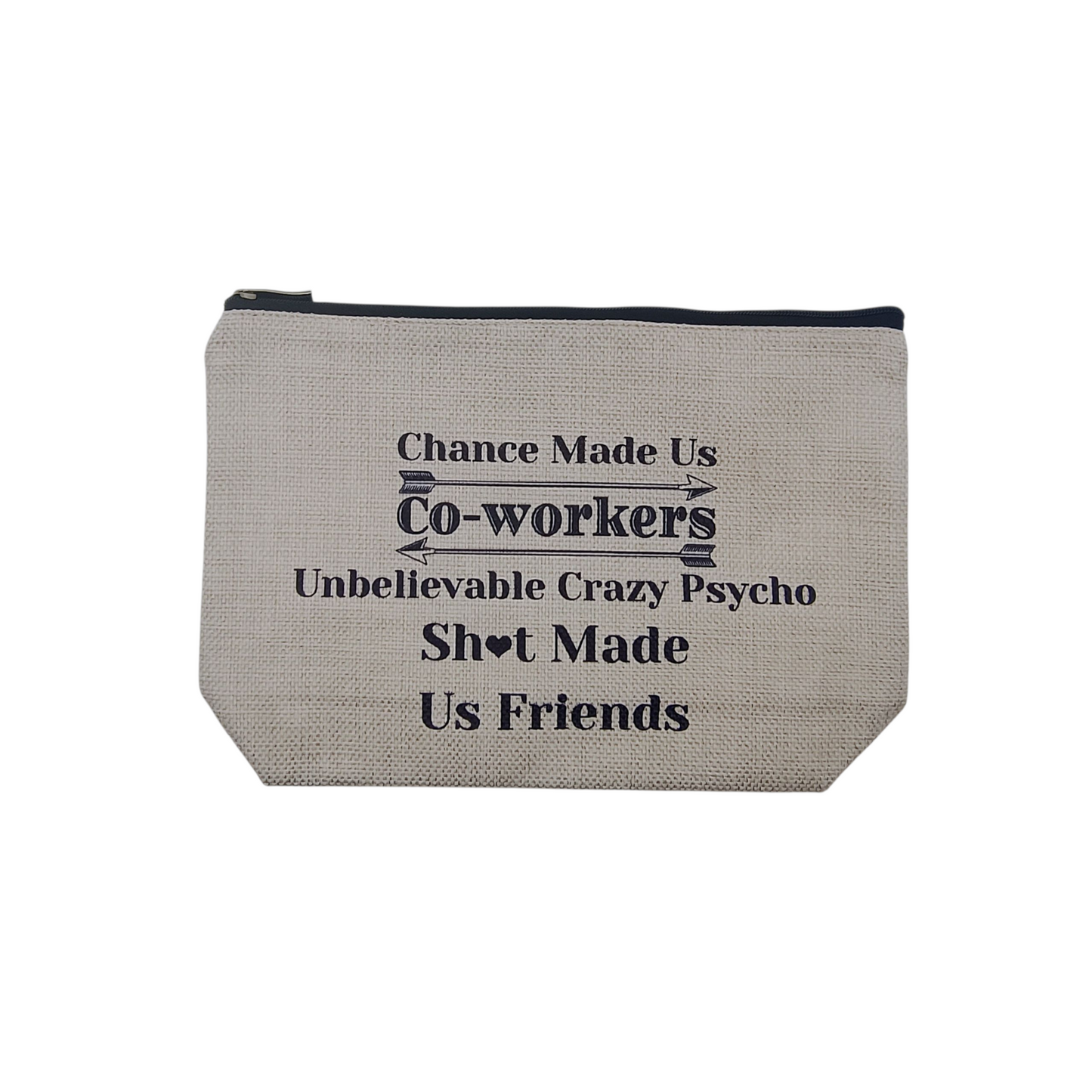 Gray pouch with humorous text on a white background