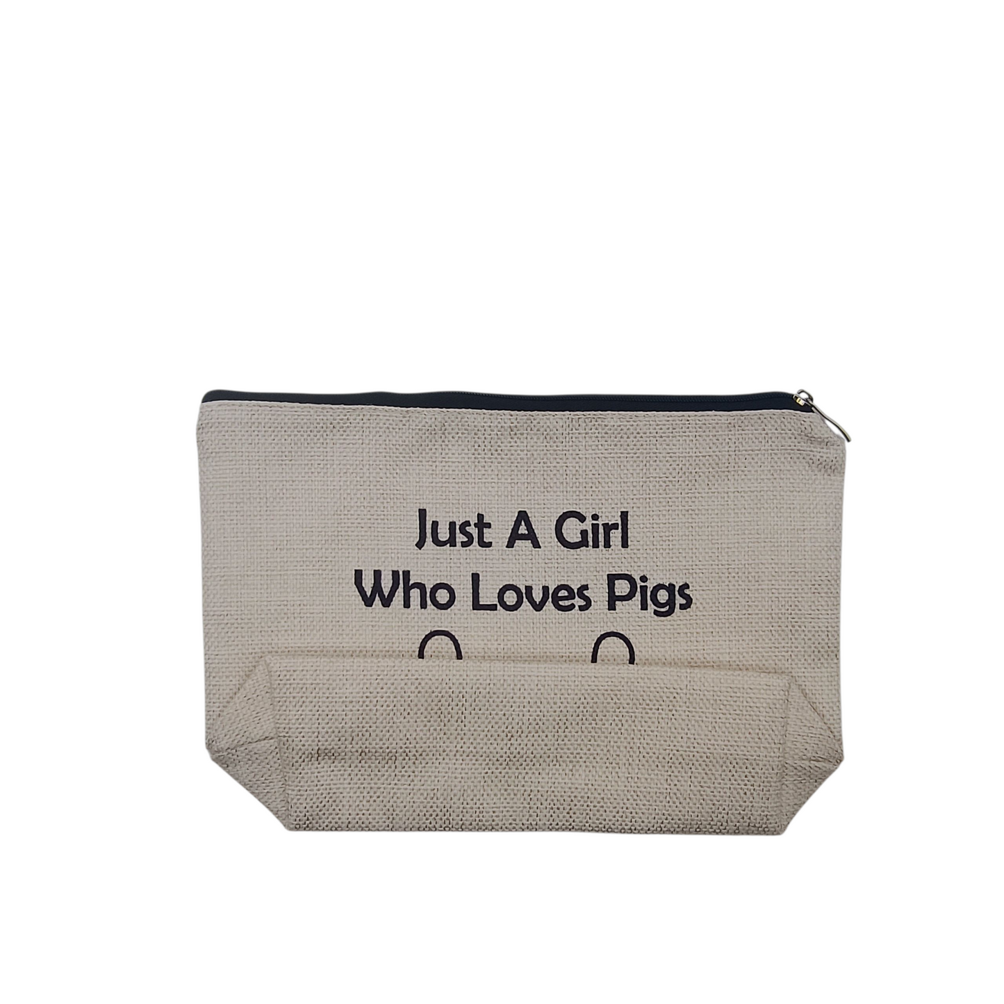 Beige pouch with text 'Just A Girl Who Loves Pigs' on a white background