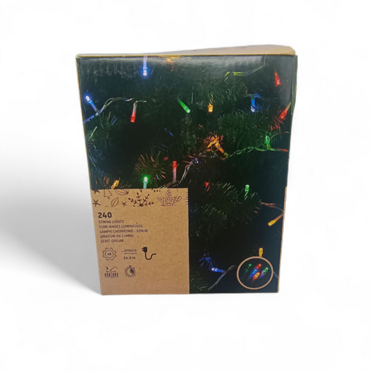 Box of Christmas lights with a green and brown design on a white background