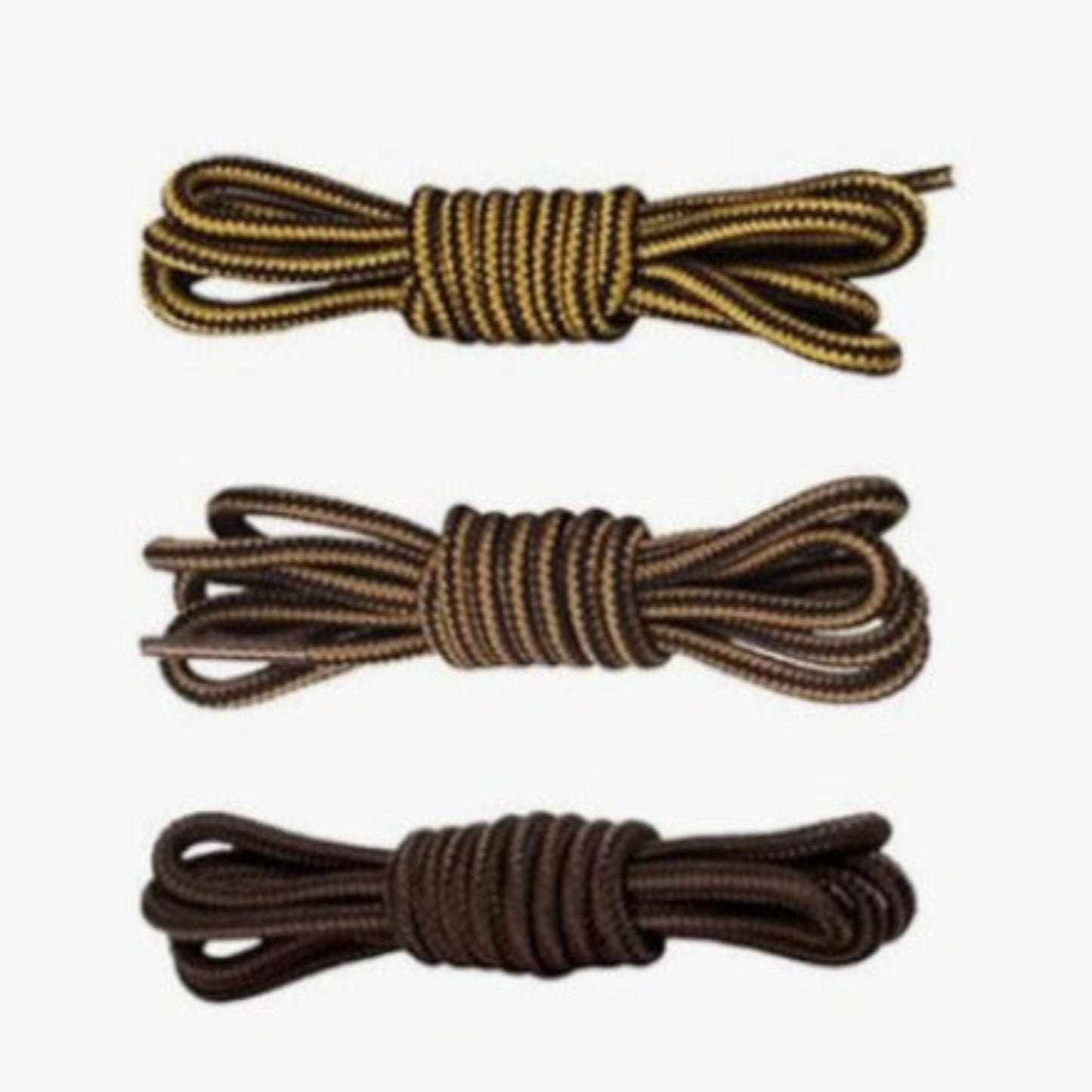 Three pairs of brown and gold braided shoelaces on a white background