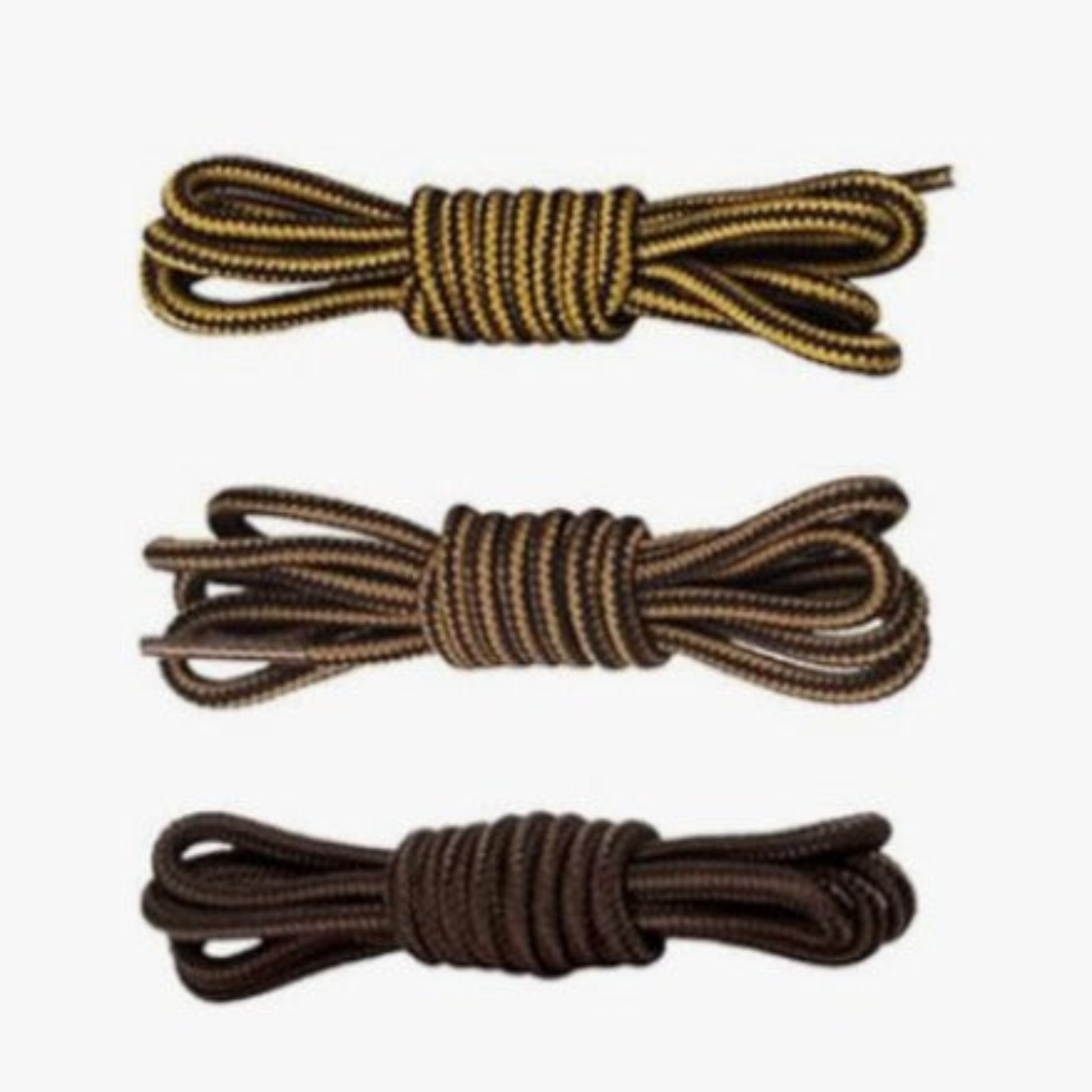 Three pairs of brown and gold braided shoelaces on a white background
