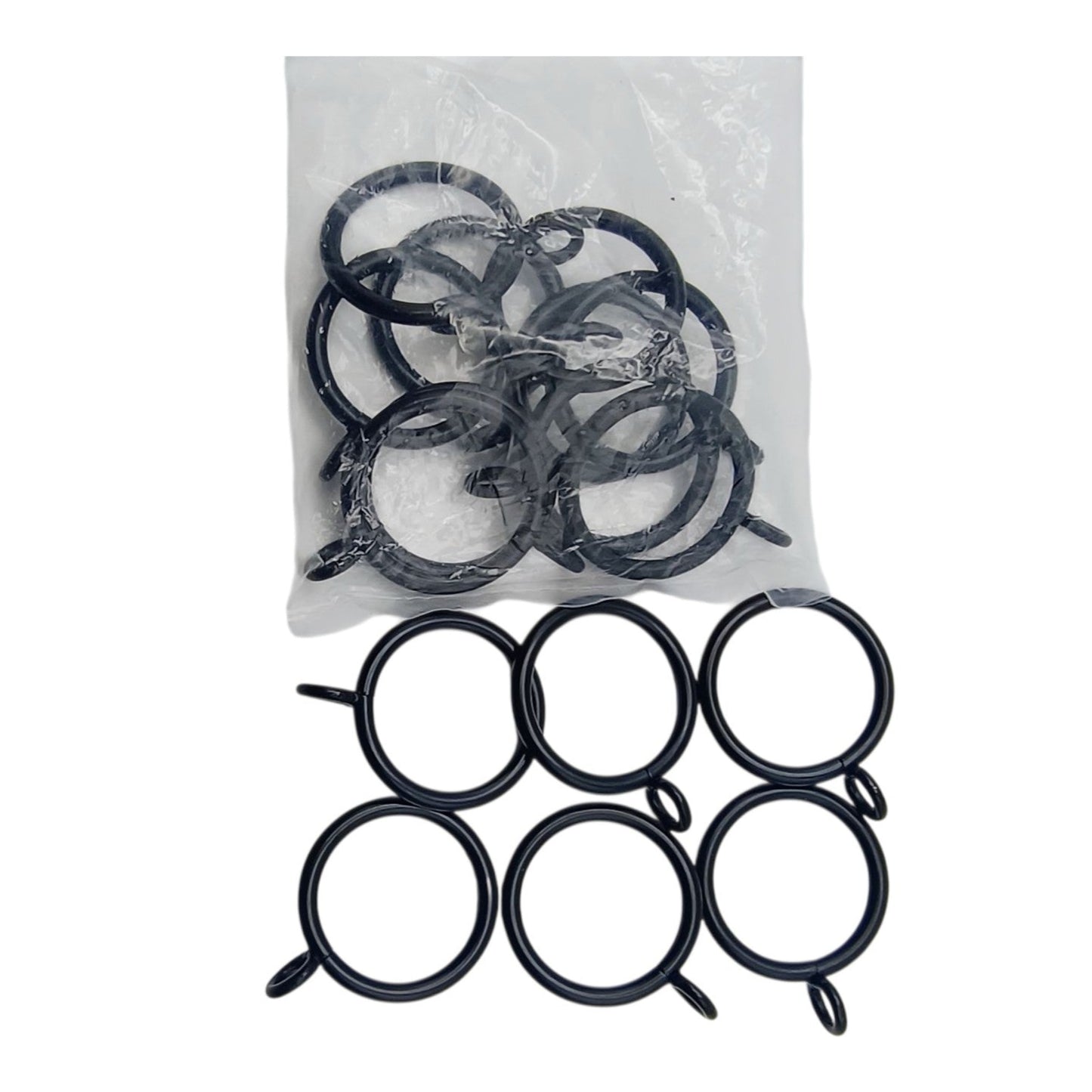 Set of black metal rings in a clear plastic bag on a white background