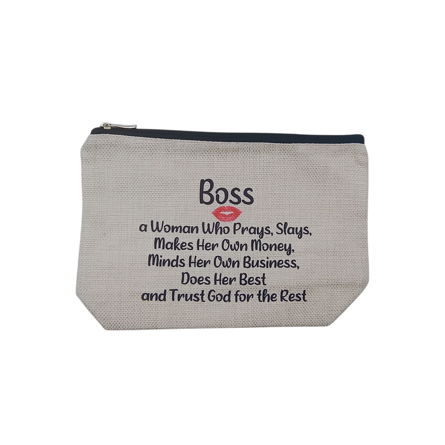 Gray pouch with motivational quote on a white background
