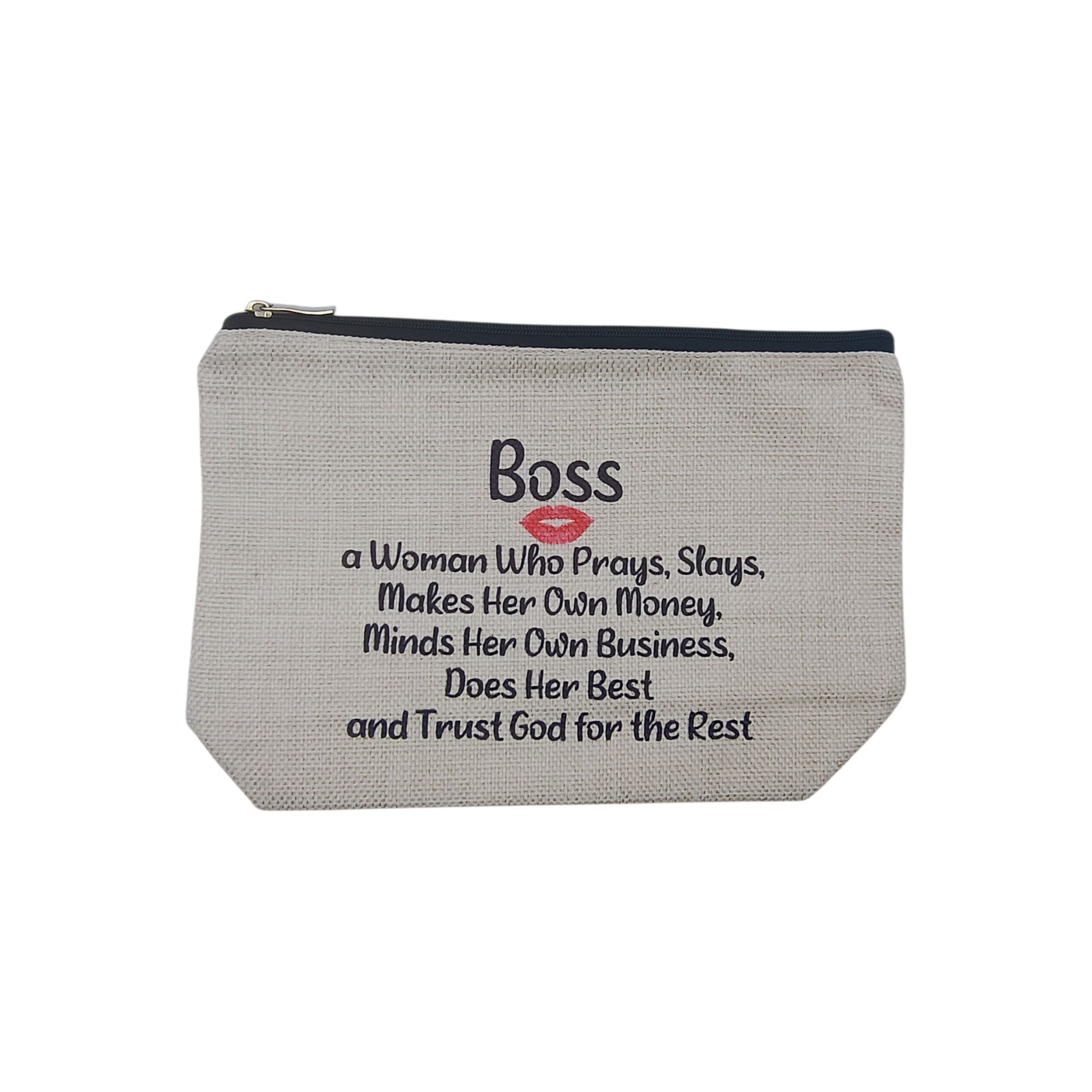 Gray pouch with motivational quote on a white background