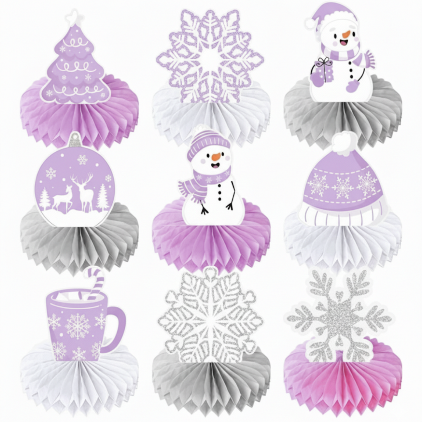 Decorative items including snowflakes, a snowman, and a teacup on a white background.