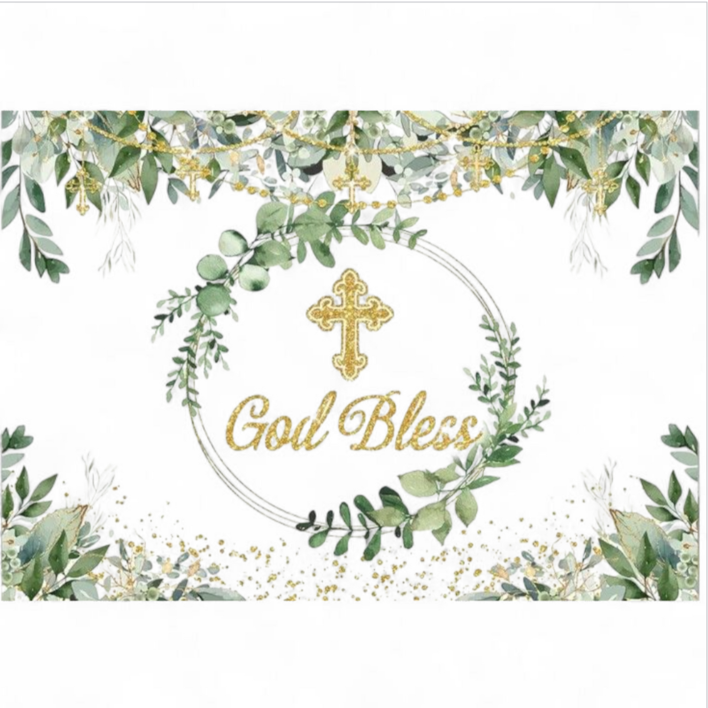 Decorative card with green leaves, gold cross, and 'God Bless' text on a white background