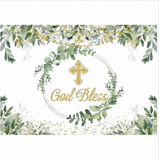 Decorative card with green leaves, gold cross, and 'God Bless' text on a white background