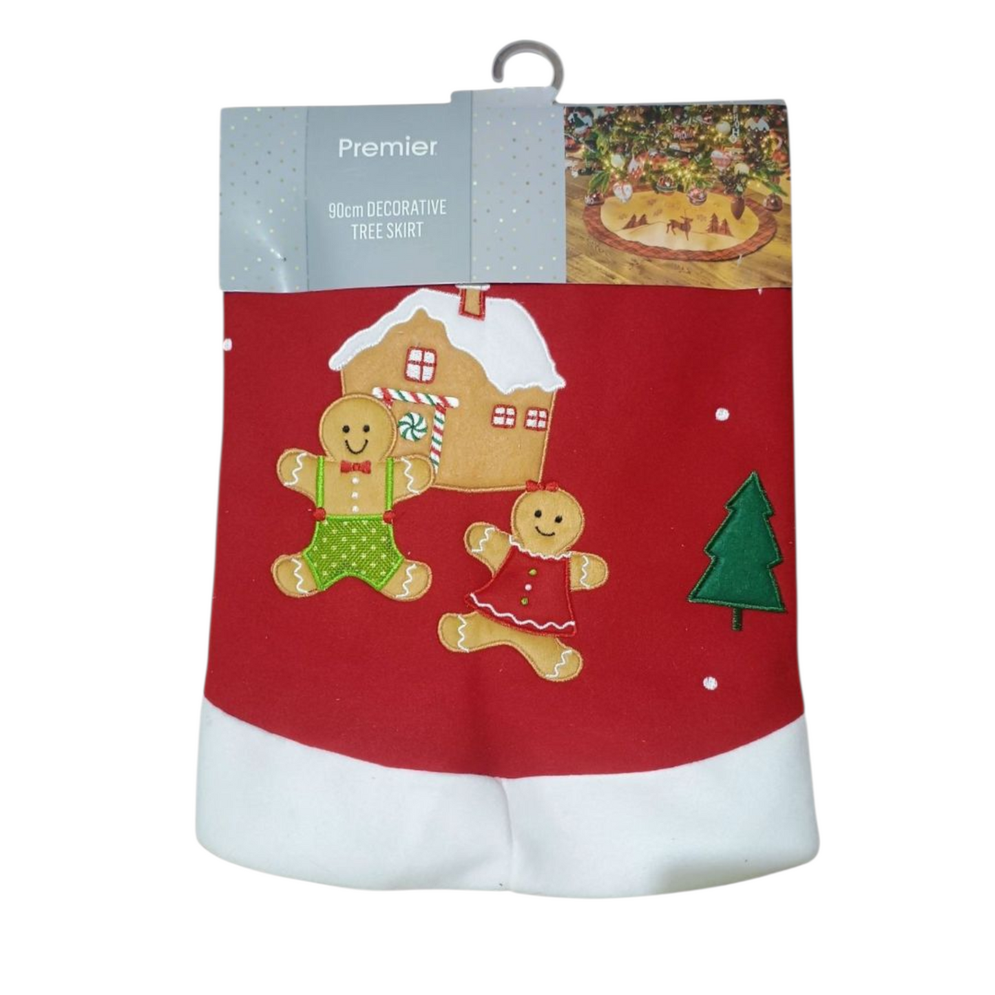Red Christmas stocking with gingerbread design on a white background