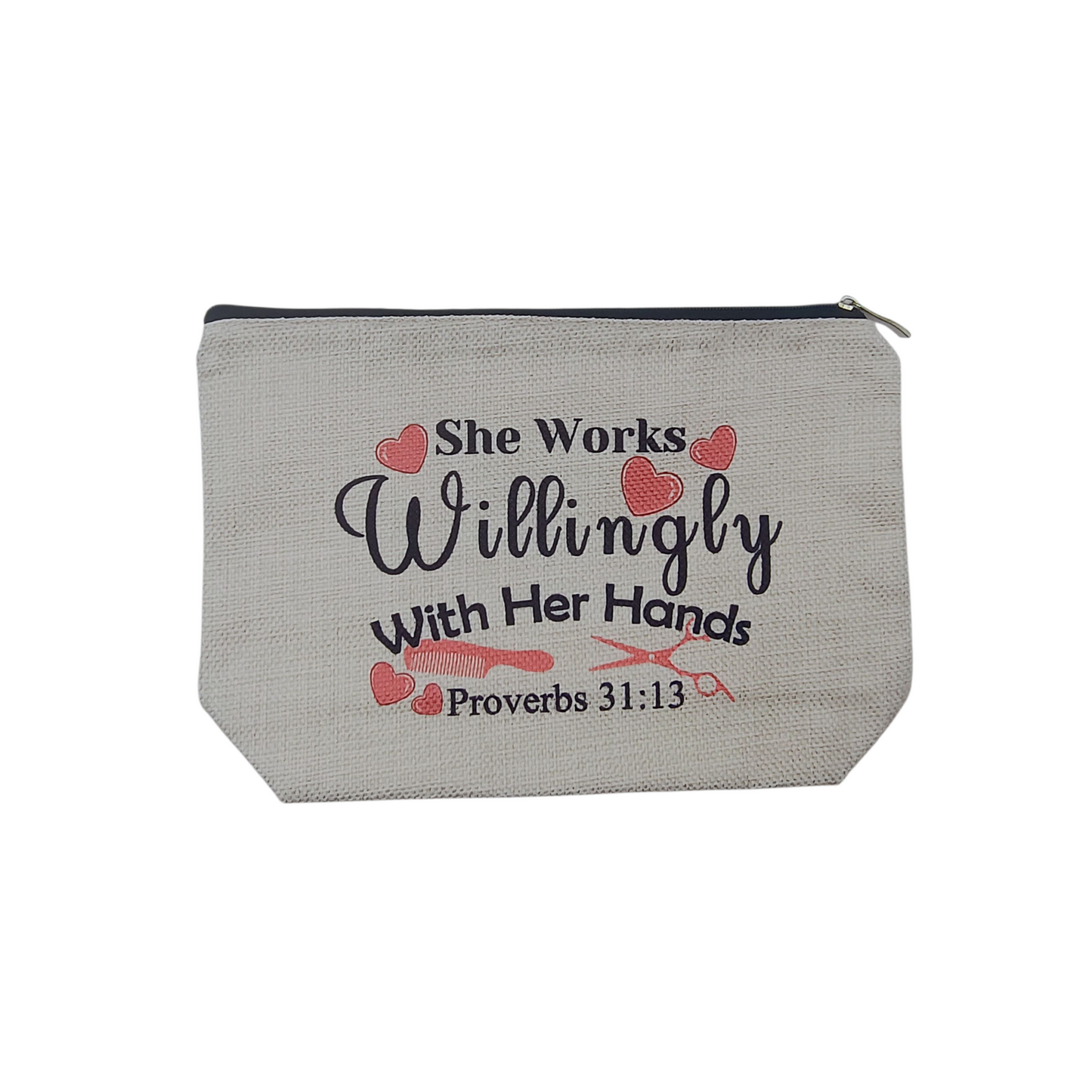 Gray pouch with text and hearts on a white background